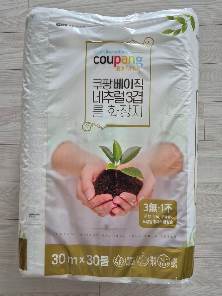 쿠팡베이직 네추럴 3겹 롤화장지 30m 30롤 패키지 정면